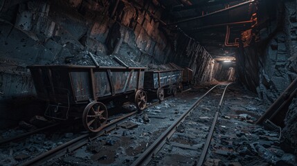 Naklejka premium Underground Mine Tunnel with Rusty Coal Carts Generative AI