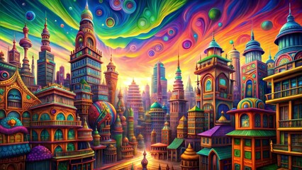 colorful neon painting of the psychedelic city of the night