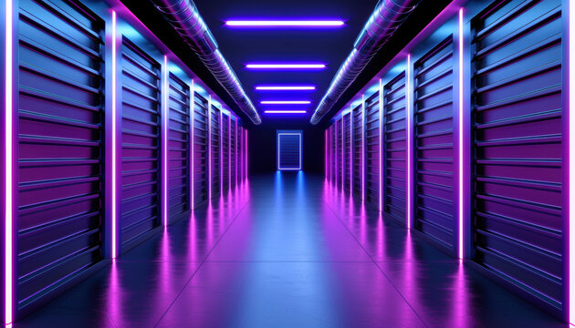 Techenhanced warehouse, holographic boxes, neonlit environment, modern storage - Powered by Adobe