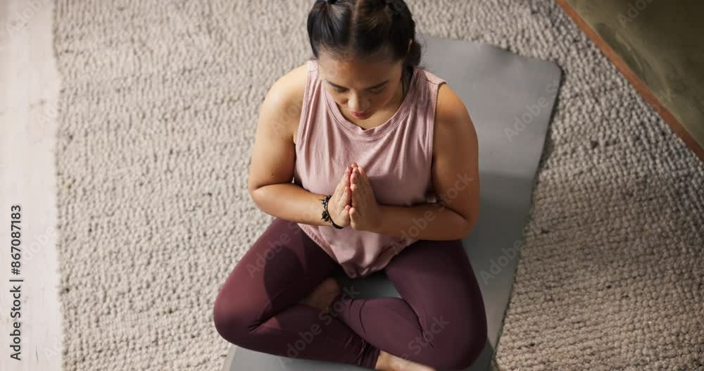 Poster yoga, zen and breathe work for woman in lounge, floor and meditation in living room of home. peace, 