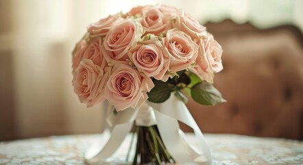 Obraz premium A Bridal Bouquet of Blush Roses on a Tablecloth