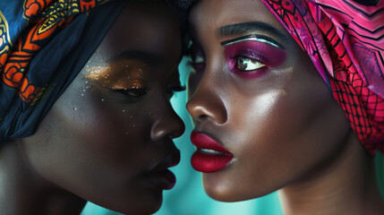 Fototapeta premium Closeup of Black Skin Beauty, fashion and authenticity, african women with makeup, plump skin