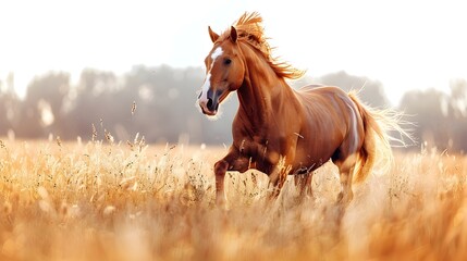 Majestic Horse Galloping Across Meadow With Flowing Mane In Natural Landscape