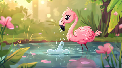 a pink flamingo stands in a pond surrounded by pink flowers, with a black eye visible in the background