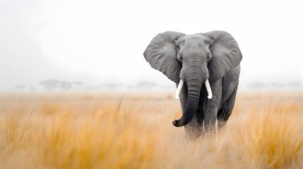 Fototapeta premium Majestic Elephant Walking Through the Savannah with Raised Trunk and Flapping Ears