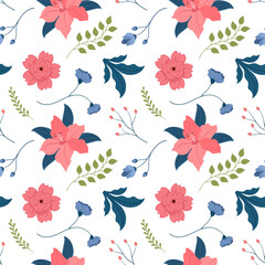 Obraz premium Floral Seamless Pattern Design Illustration with Blooming Branches and Leaf Flower in Hand-Drawn Cartoon Style Template