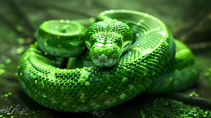 Fototapeta premium Striking green python coiled tightly in the lush foliage of a dense jungle its intricate scales and sinuous body perfectly camouflaged against the verdant backdrop