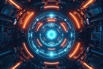 Futuristic Sci-Fi Glowing Portal. Abstract 3D Rendering of Circular Neon Lights and Mechanical Structures