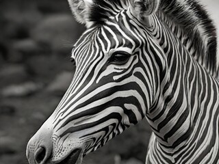 Fototapeta premium close-up, wild black and white zebra, blurred background