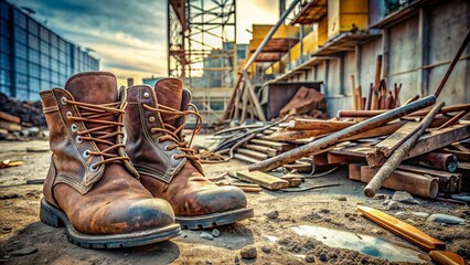 Weathered steel-toed boots standing upright amidst scattered construction tools and debris on a rugged concrete construction site background.