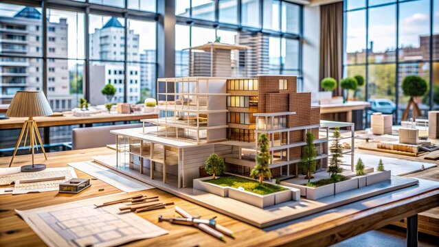 Architectural design studio scattered with blueprints, sketches, and scale models of buildings, showcasing intricate details and creative construction planning process.