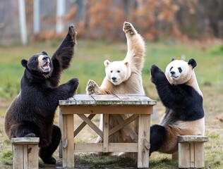 Obraz premium black bear, polar bear and panda picnic together