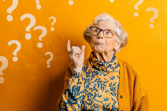 Elderly woman puzzled by question marks, confusion and thought