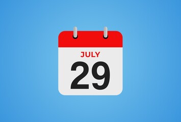 Icon calendar day. 29 July. 29th days of the month, illustration style. Date day of week Sunday, Monday, Tuesday, Wednesday, Thursday, Friday, Saturday. 