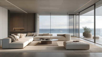 A modern living room with a sleek and uncluttered design, featuring a calming palette of ocean blues and sandy neutrals.