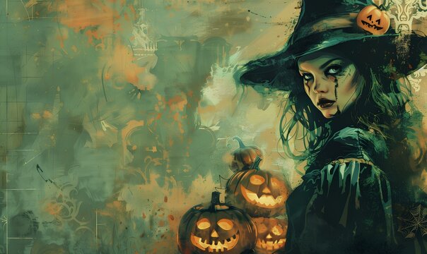 Mystery witch portrait on ancient gothic background. Halloween celebration and spooky decor concept. Vintage illustration for poster, banner, postcard, greetings with copy space