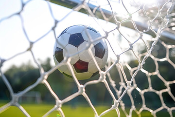 Soccer ball in goal net, scoring moment