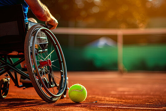 Disabled wheelchair athlete playing tennis, inclusive adaptive sport concept