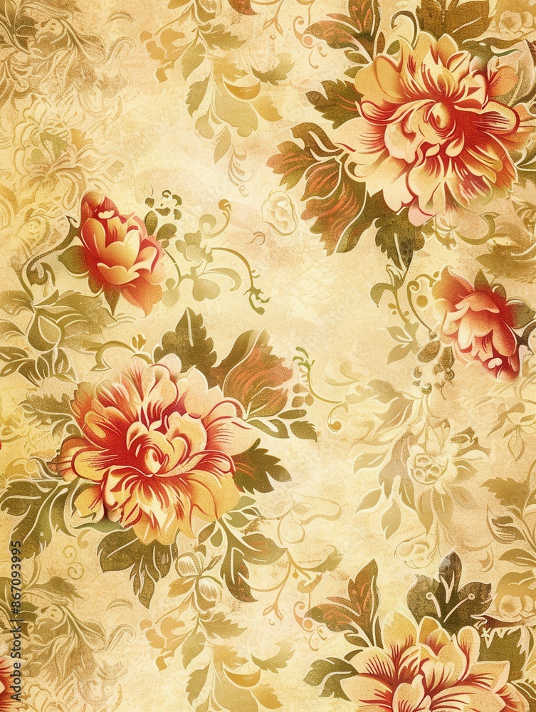 Wall mural A vintage floral pattern wallpaper with a warm yellow background and intricate red flowers, evoking a sense of nostalgia and elegance. Generative AI