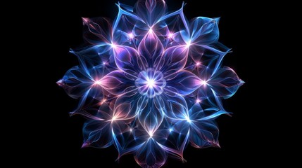 glowing blue and purple flower design, radiating energy on the black backdrop.