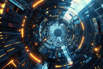 Fototapeta premium Futuristic Technology Tunnel. Abstract Digital Background with Glowing Lights and Circular Design