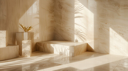 a minimalist interior with textured beige walls and marble blocks