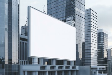 Large blank billboard is showing a cloudy sky, on the facade of a modern building, surrounded by skyscrapers