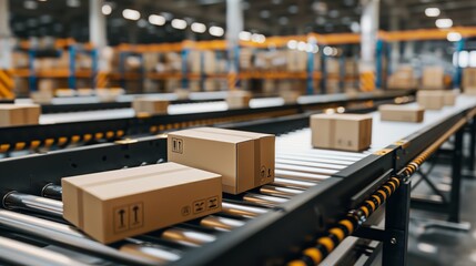 Multiple Cardboard Packages Advancing on an Automated Conveyor System Inside a Large Warehouse Filled with Industrial Storage Racks
