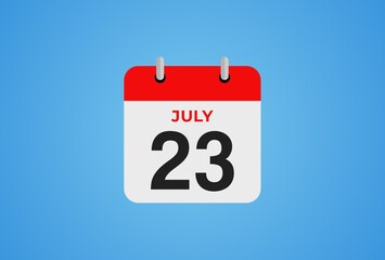 Icon calendar day. 23 July. 23th days of the month, illustration style. Date day of week Sunday, Monday, Tuesday, Wednesday, Thursday, Friday, Saturday. 