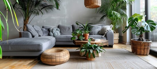 Wooden coffee tables and potted plants accessorize stylish living room featuring a grey corner sofa.