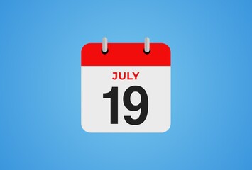 Icon calendar day. 19 July. 19th days of the month, illustration style. Date day of week Sunday, Monday, Tuesday, Wednesday, Thursday, Friday, Saturday. 