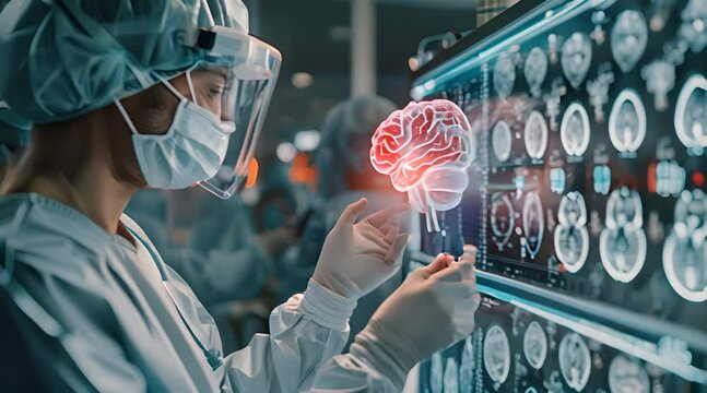 Doctor surgeon and neurologist use robotic with medical technology diagnose and examine patient brain with intelligence software. Science information technology, artificial intelligence innovation
