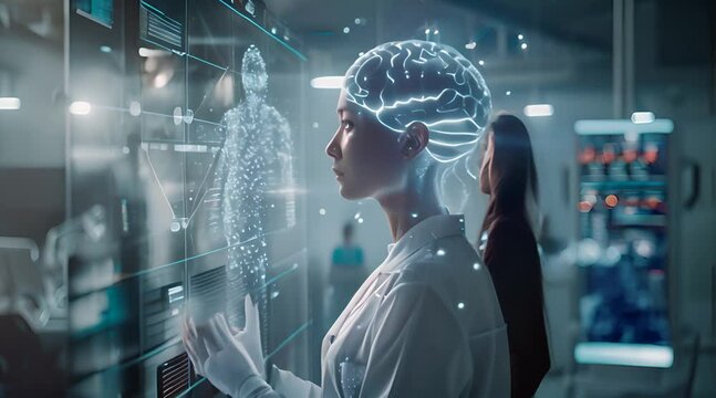 Doctor surgeon and neurologist use robotic with medical technology diagnose and examine patient brain with intelligence software. Science information technology, artificial intelligence innovation
