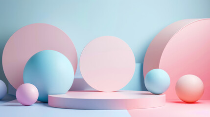 an abstract pastel-colored geometric composition, with a central circular podium and various sized spheres in soft pink, blue, and peach hues