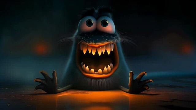 Dark creature emerges with glowing orange mouth. Wide eyes and sharp teeth create eerie yet comical appearance. Mysterious figure illuminated from below, blending horror and humor elements.	