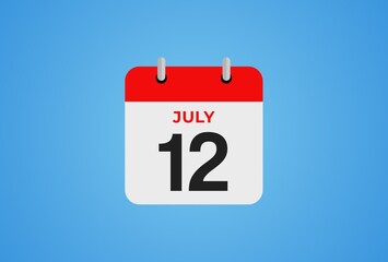 Icon calendar day. 12 July. 12th days of the month, illustration style. Date day of week Sunday, Monday, Tuesday, Wednesday, Thursday, Friday, Saturday. 