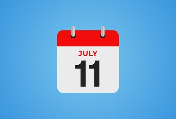 Icon calendar day. 11 July. 11th days of the month, illustration style. Date day of week Sunday, Monday, Tuesday, Wednesday, Thursday, Friday, Saturday. 
