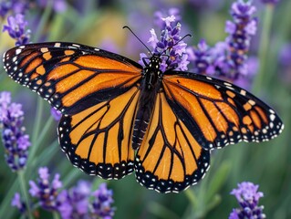 Obraz premium Detailed view of a majestic monarch butterfly resting on a bed of purple lavender, its wings spread wide to display their intricate patterns and vivid colors
