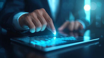 Business professional using a digital tablet with a glowing screen in a modern office, analyzing data and technology trends.