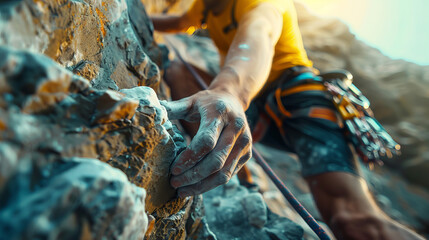 Close-up of a climber's chalk-covered hand gripping a rock wall, highlighting the intensity and focus required for outdoor rock climbing.