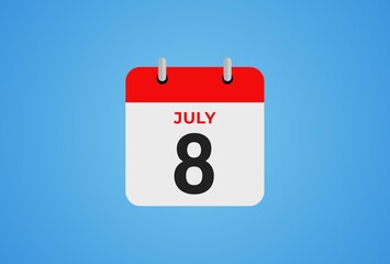 Icon calendar day. 8 July. 8th days of the month, illustration style. Date day of week Sunday, Monday, Tuesday, Wednesday, Thursday, Friday, Saturday. 