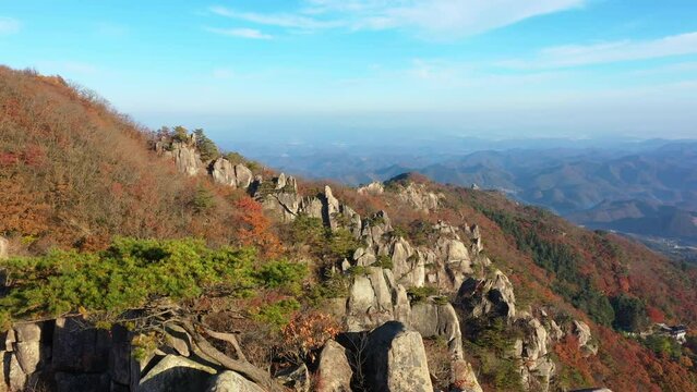 Drone videos,The beautiful scenery of the Daedunsan mountain in South Korea Autumn season