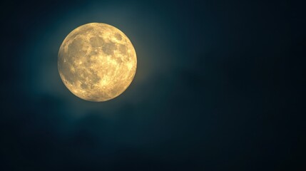 Obraz premium A bright full moon glowing in the dark night sky, surrounded by a mystic atmosphere with scattered clouds.