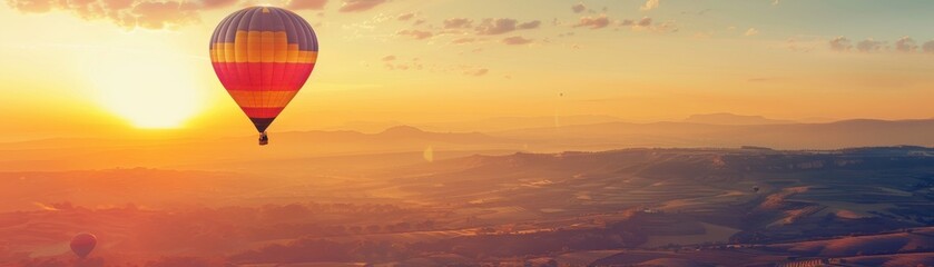Fototapeta premium A colorful hot air balloon floats over a scenic landscape at sunrise, with a beautiful gradient sky and distant mountains in the background.