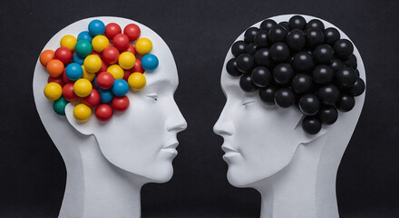 Negative and positive thinking concepts. Head shapes with colored, black paper balls, Unstable mental state, and tight emotion control. Psychological emotional intelligence, balance emotion.
