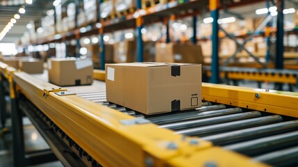 Cardboard Parcel Moving Along Yellow-Framed Automated Conveyor Line Inside Large Modern Warehouse with Storage Shelves