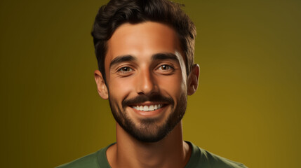 Obraz premium A smiling male model customer, his friendly expression and approachable gaze captured in a headshot portrait against a solid olive background