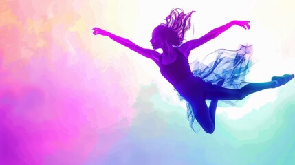 Dancer in midair, powerful leap, athletic strength, expressive moment, close up, copy space, vivid colors, Double exposure silhouette with soaring motion