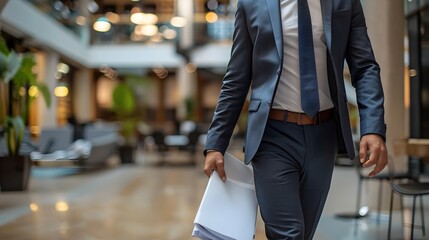 Fototapeta premium Businessman Carrying Documents in a Modern Office with Clear Space