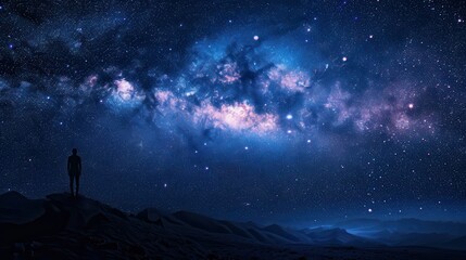 Fototapeta premium Galaxy with Milky Way, countless stars, infinite space, breathtaking view, close up, copy space, vivid colors, Double exposure silhouette with night sky